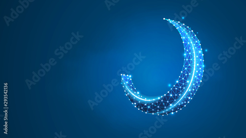 Crescent moon. Moon on dark blue night sky with stars. Night symbol. Muslim, Arabic, Ramadan sign concept. Abstract, digital, wireframe, low poly mesh, vector blue neon 3d illustration. Line, dot