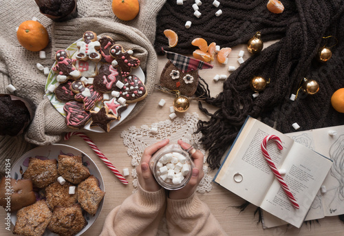 Female hands holding hot cocoa drink with marshmallows top view. Christmas atmosphere concept. Cosy winter home layout.