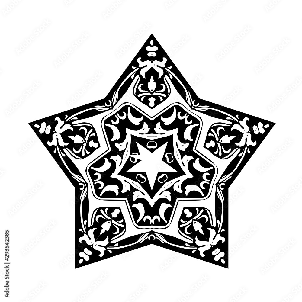 mandala five pointed star, christmas sign - floral ornate vector