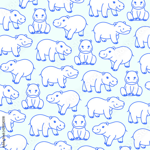 Vector pattern with cute hippo in cartoon style. Children's print for fabric, textile, clothes, toys, book.