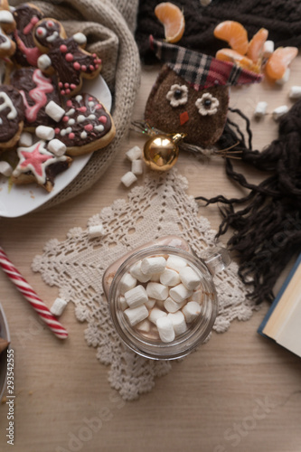 Fototapeta Naklejka Na Ścianę i Meble -  Glass of cocoa with marshmallow flatlay top down view. Christmas decoration concept.