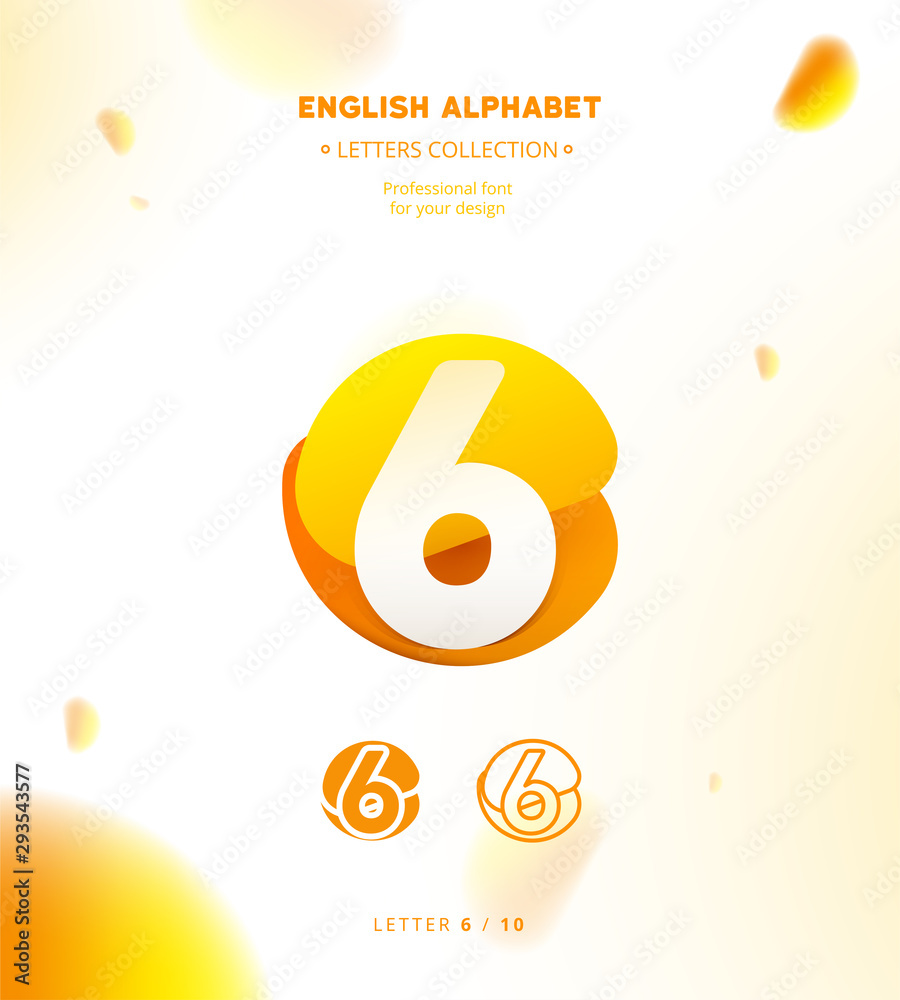 Vector paper cut origami alphabet. Bubble number 6 logo template. Material design, flat, line, glossy, twisted style