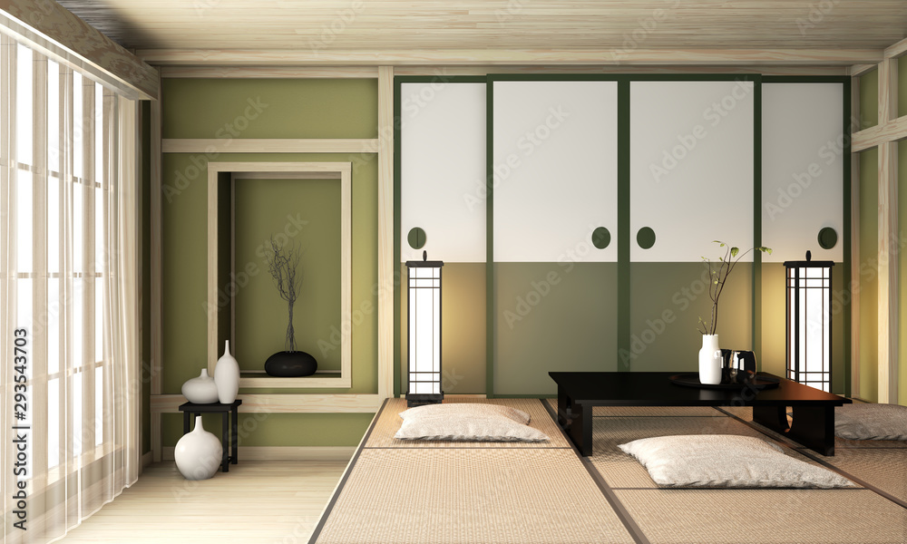 Ryokan green room zen very japanese style.3D rendering Ryokan green room zen very japanese style.3D rendering