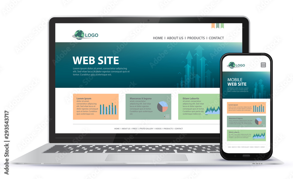 Responsive Website Design With Laptop Computer and Mobile Phone Screen Vector Illustration.
