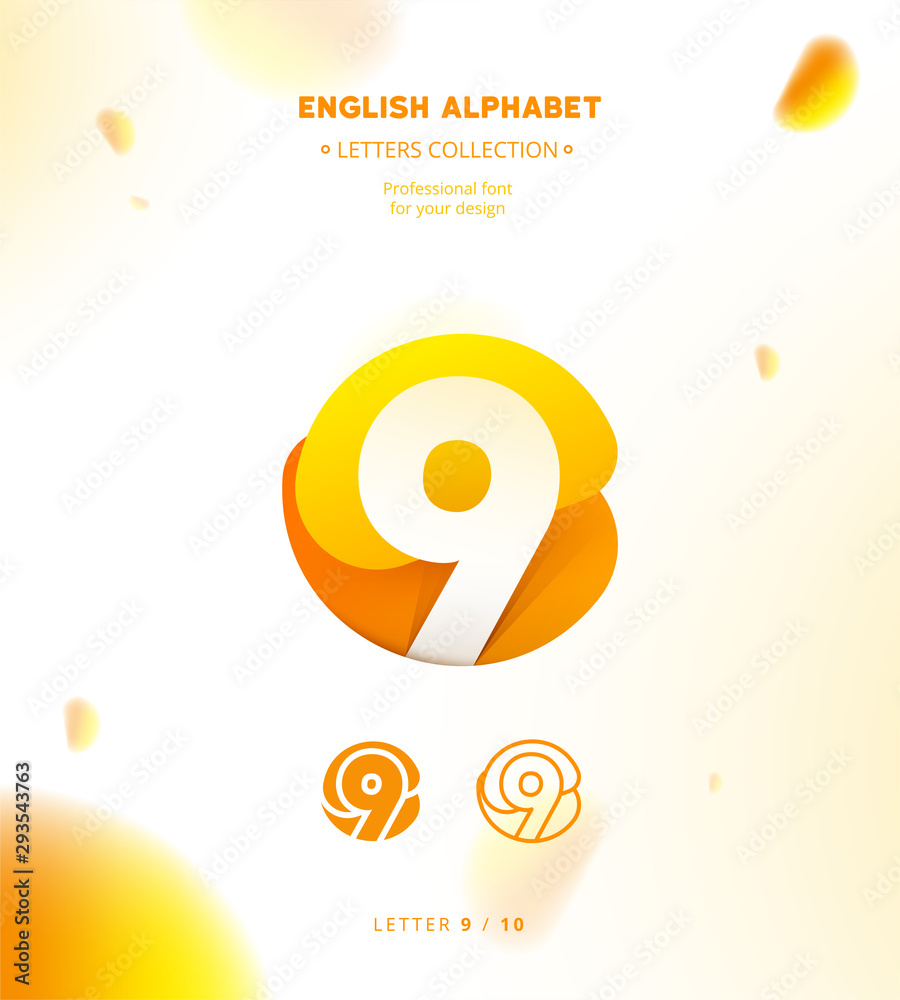 Vector paper cut origami alphabet. Bubble number 9 logo template. Material design, flat, line, glossy, twisted style