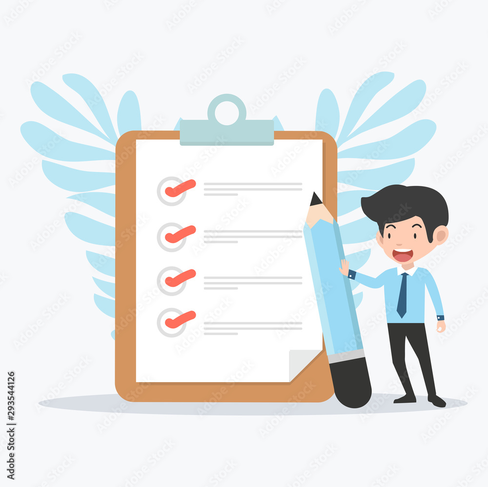 Businessman holding pencil with Clipboard and checklist Businessman holding pencil with Clipboard and checklist