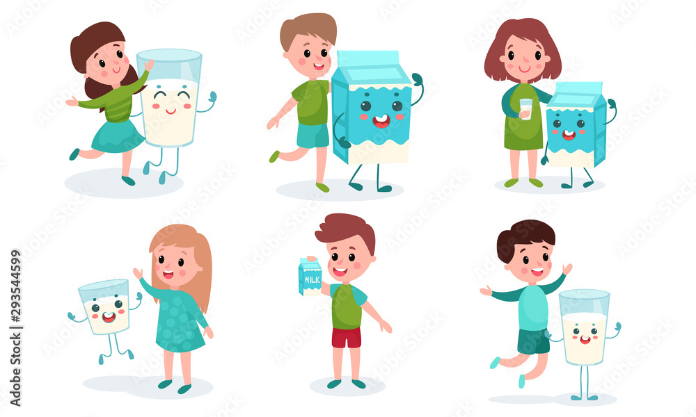 Set Of Six Funny Vector Illustrations With Children Drinking Milk Cartoon Characters Set Of Six Funny Vector Illustrations With Children Drinking Milk Cartoon Characters
