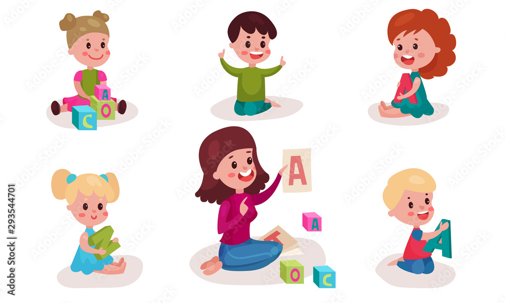 Set With Five Children Studying Alphabet And Nursery-Teacher Vector Illustrations