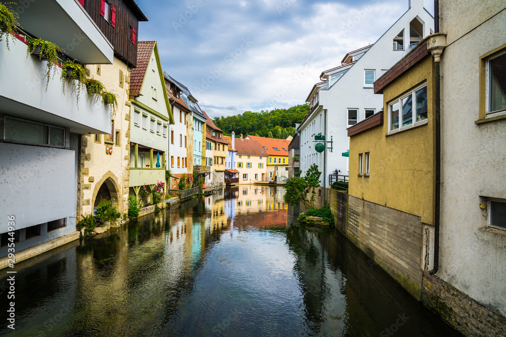 Germany, Beautiful black forest city horb am neckar houses reflecting in neckar river water of old town