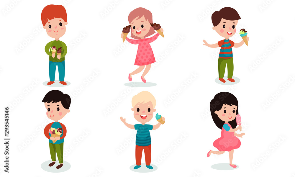 Set With Six Happy Children With Ice Cream Vector Illustrations Cartoon Characters