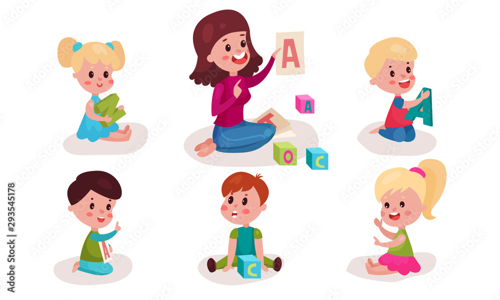 Set With Nursery-Teacher Showing To Preschoolers Big Letters Vector Illustrations Cartoon Characters Set With Nursery-Teacher Showing To Preschoolers Big Letters Vector Illustrations Cartoon Characters
