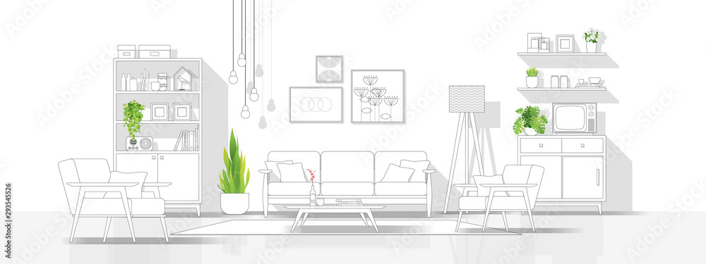 Interior design with modern living room in black line sketch on white background , vector , illustration - obrazy, fototapety, plakaty 