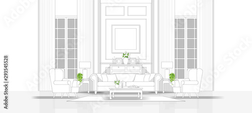 Interior design with modern living room in black line sketch on white background , vector , illustration