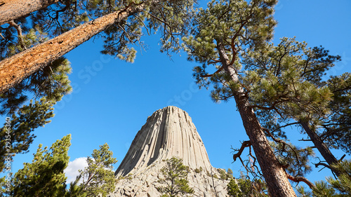 Devils Tower, a laccolith butte composed of igneous rock in the Bear Lodge Mountains, top attraction in Wyoming State, USA. photo