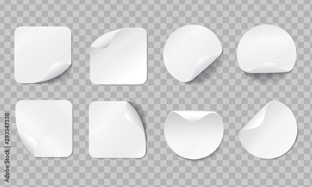 Blank round adhesive stickers mock up with curved corner. Blank round adhesive stickers mock up with curved corner.