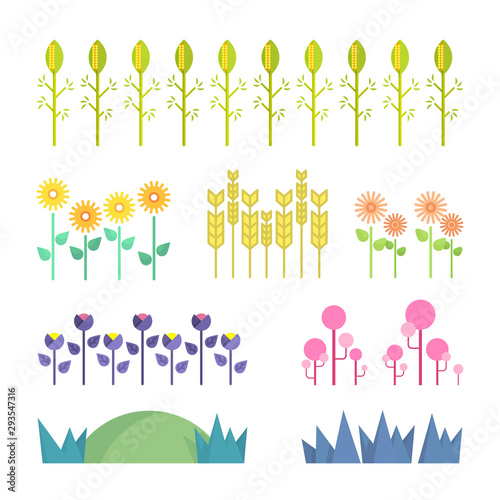 Ensemble de plantes et de fleurs en flat design. Plant de maïs et de blé. Illustration vectorielle.
