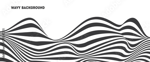 Abstract 3d background with optical illusion wave and shadow. Black and white lines with wavy distortion effect. 