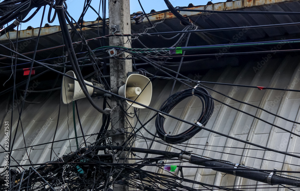 Messy electrical cables and megaphone Messy electrical cables and megaphone