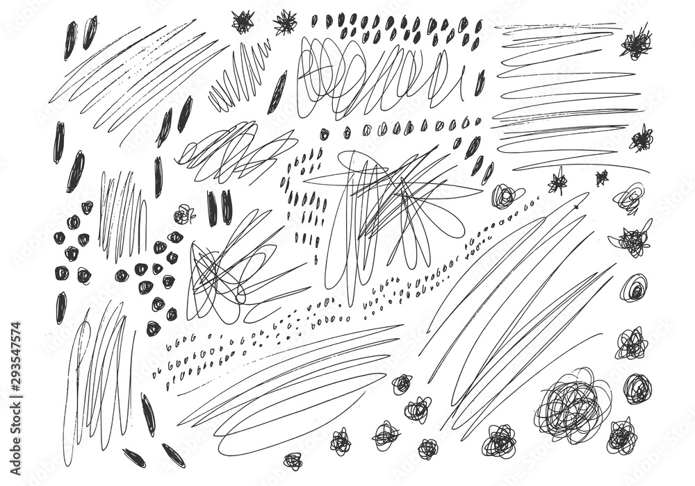 Vector grunge elements. Set of grungy hand drawn scribbles, brush strokes and dots isolated on white. Universal creative contemporary design elements. EPS10 vector illustration