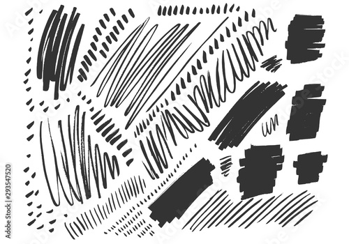Vector grunge elements. Set of grungy hand drawn scribbles, brush strokes and dots isolated on white. Universal creative contemporary design elements. EPS10 vector illustration