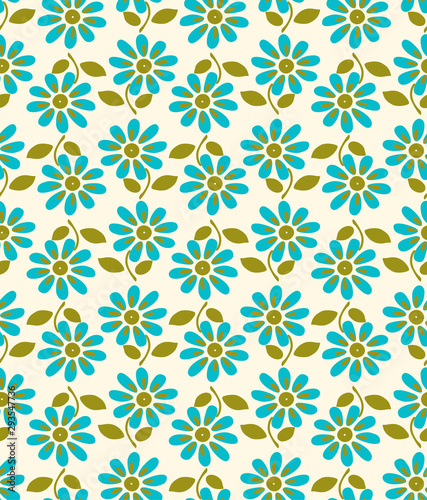 Japanese Blue Flower and Green Leaf Seamless Pattern