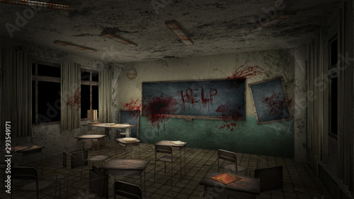 horror and creepy classroom in the school with text help blood. 3D rendering