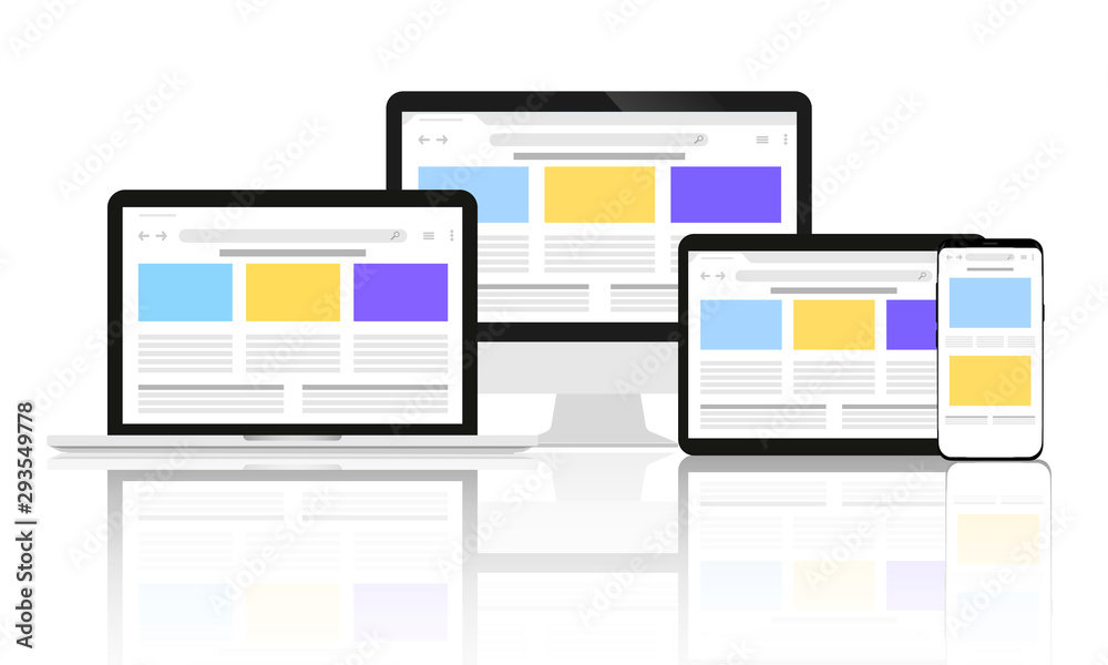 Gadgets are located on a white background with an open browser on the screens. Gadgets are located on a white background with an open browser on the screens.