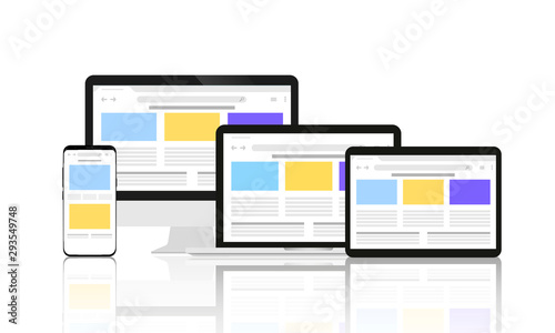 Gadgets are located on a white background with an open browser on the screens.