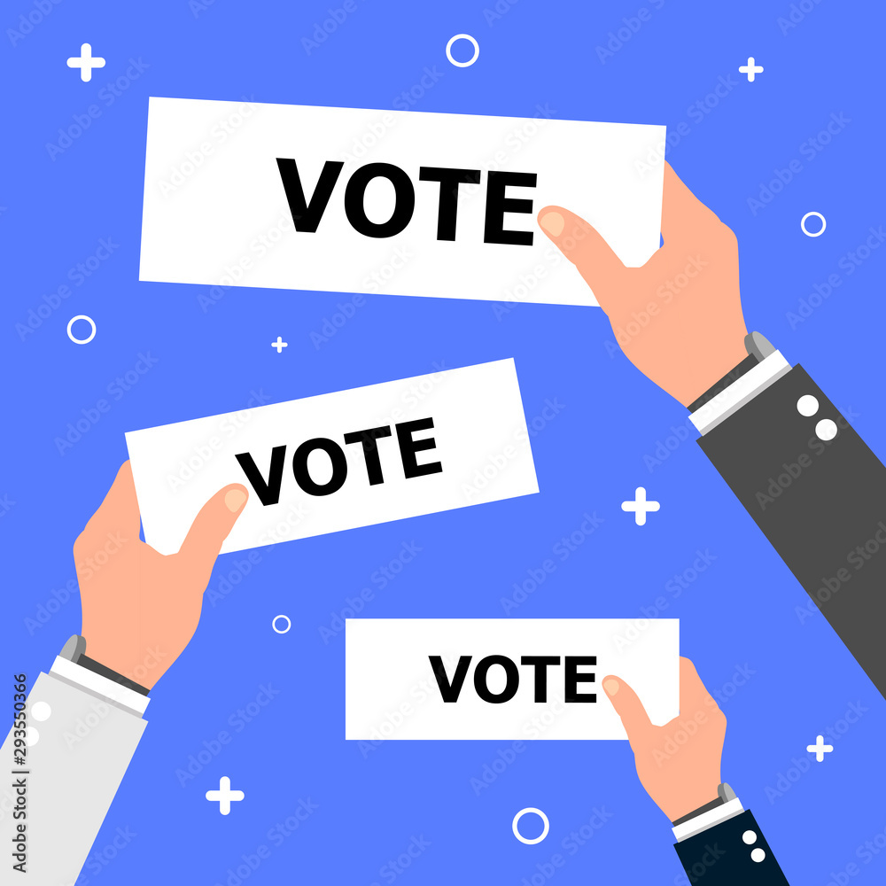 Three hands hold tables labeled VOTE on a blue background.