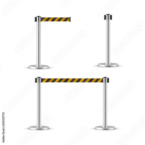 Retractable belt stanchion set, portable ribbon barrier.