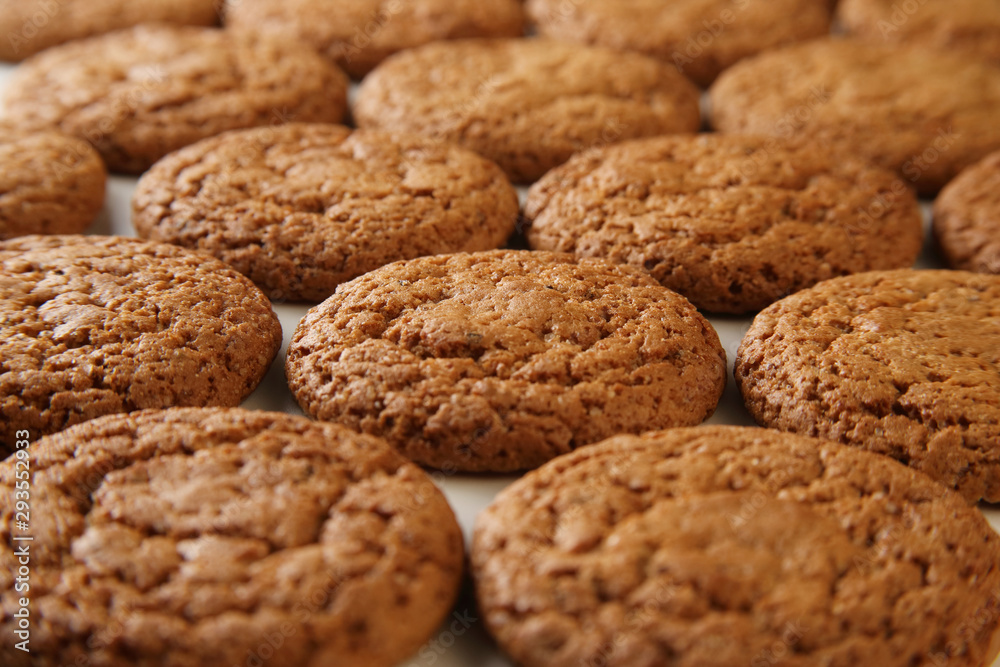 A group of baked oatmeal cookies, selective focus, low angle view, shallow depth A group of baked oatmeal cookies, selective focus, low angle view, shallow depth