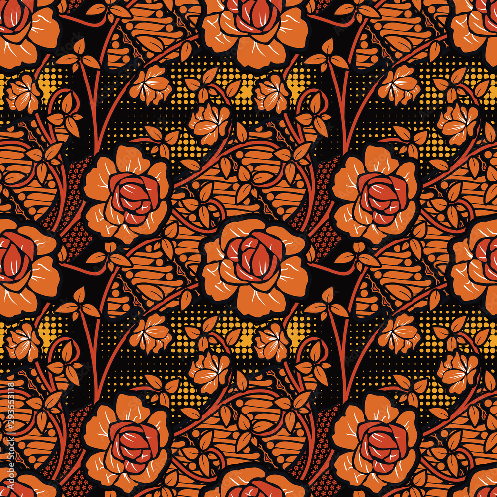 Seamless pattern with floral Illustration, Indonesian batik motif, rose vector art Seamless pattern with floral Illustration, Indonesian batik motif, rose vector art