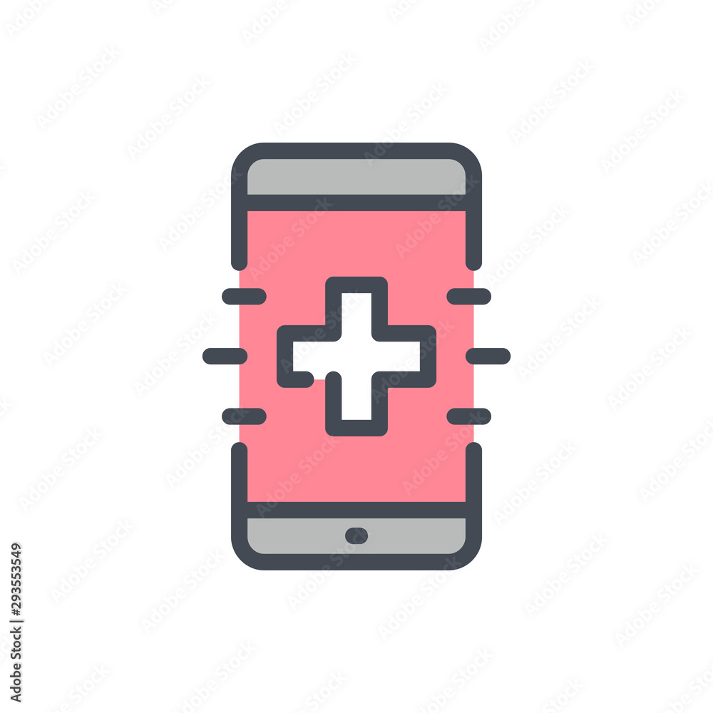 Online first aid service color line icon. Smartphone with medical support vector outline colorful sign. Online first aid service color line icon. Smartphone with medical support vector outline colorful sign.