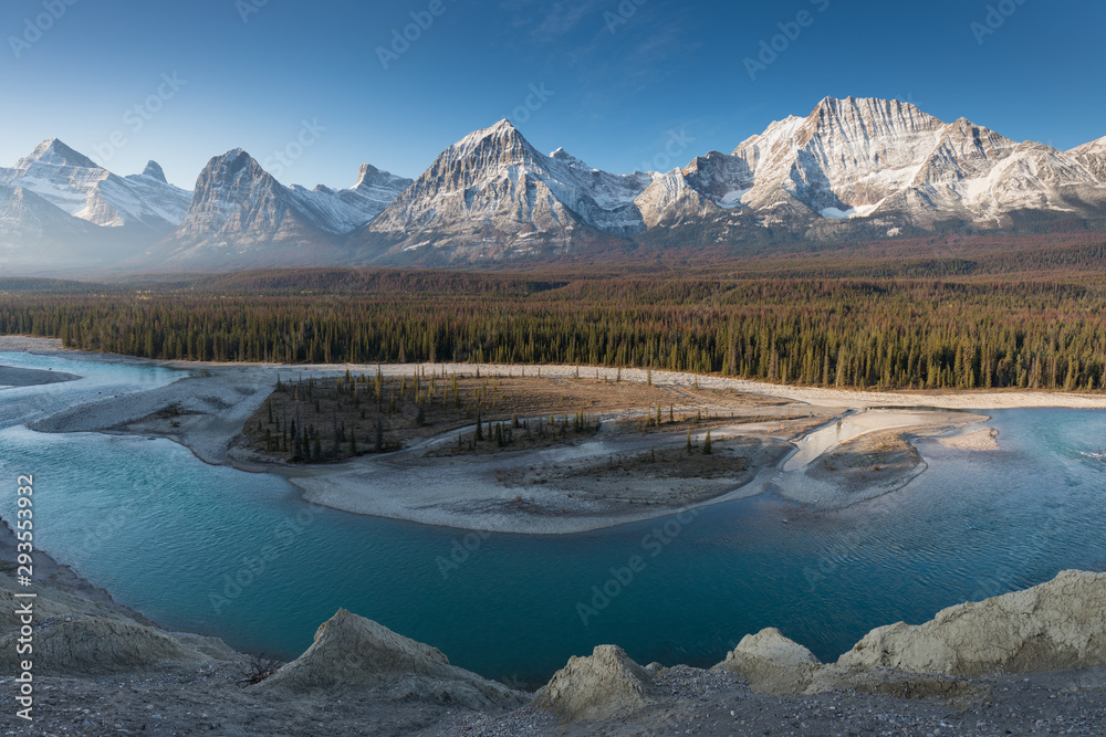 Rocky Mountains on a autumn day Jasper National Park in the Canadian Rockies. Alberta Canada Scenic landscape in Jasper national park near Icefields parkway.