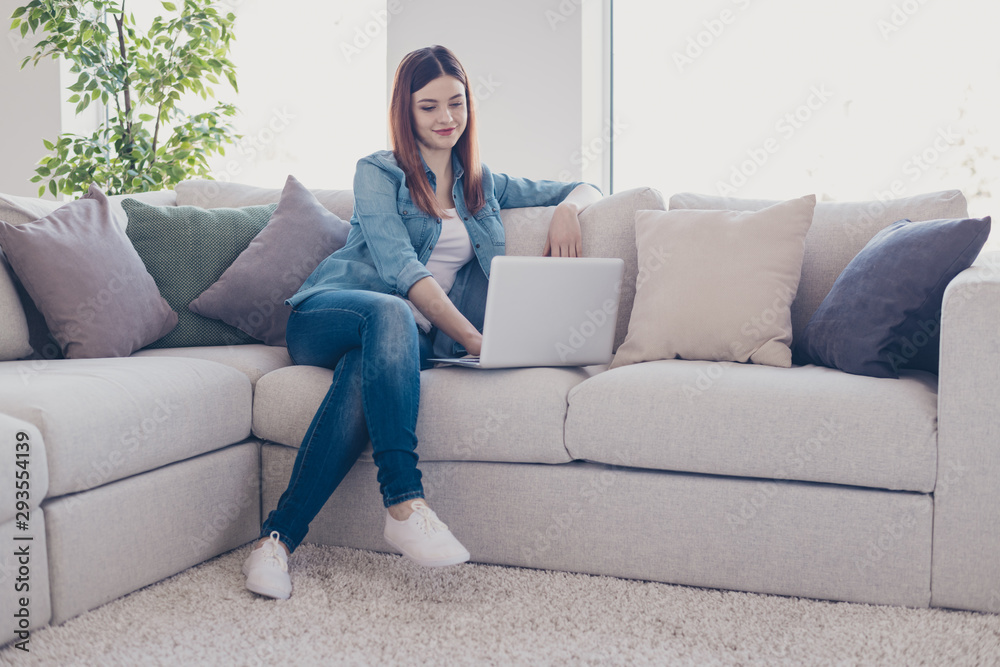Photo of business lady holding notebook working at home speaking skype with colleagues sitting sofa wearing jeans outfit apartment indoors
