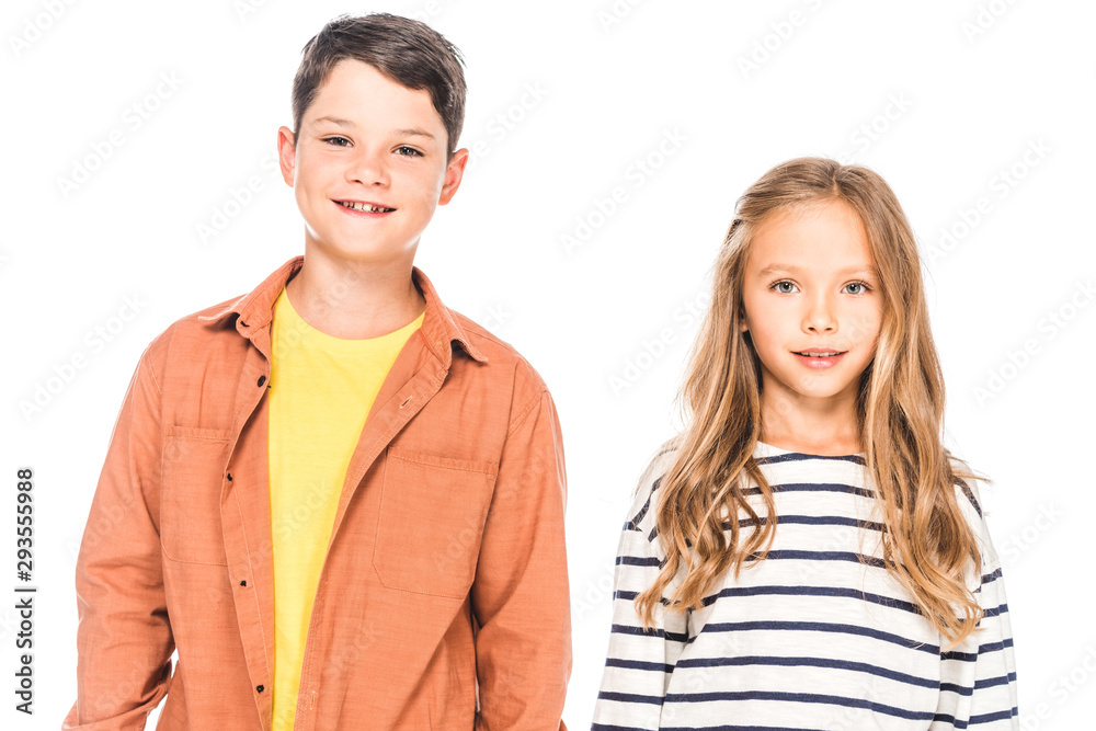 front view of two smiling children isolated on white front view of two smiling children isolated on white