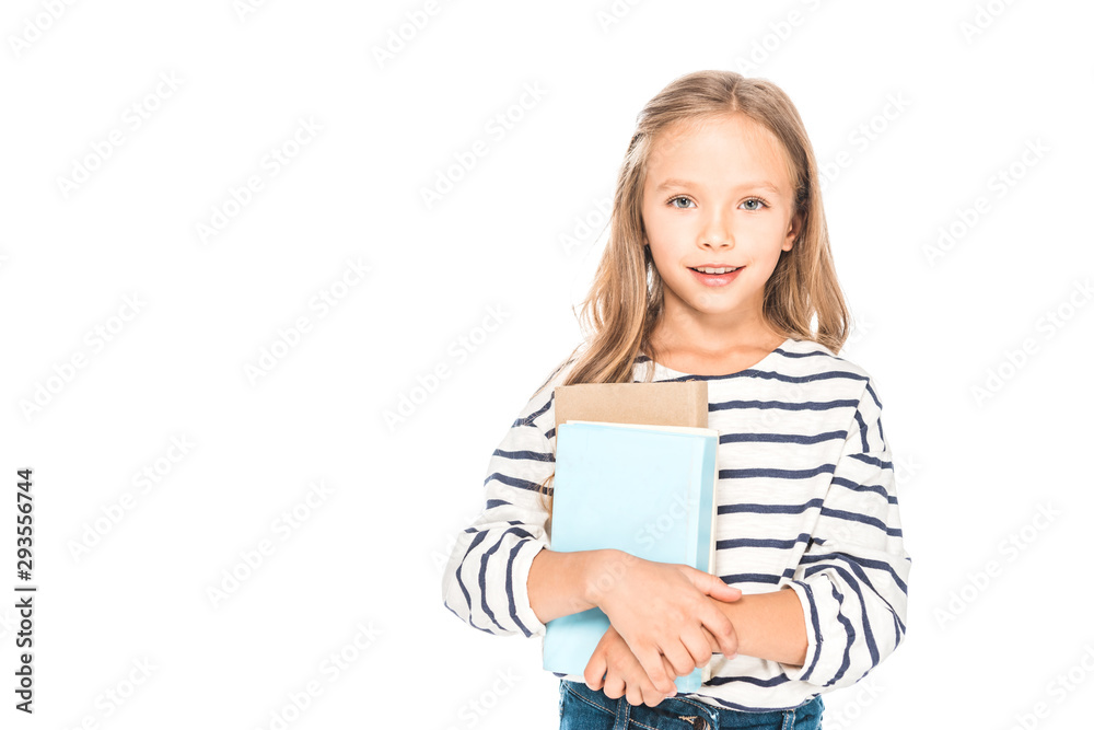 front view of smiling kid holding books isolated on white front view of smiling kid holding books isolated on white