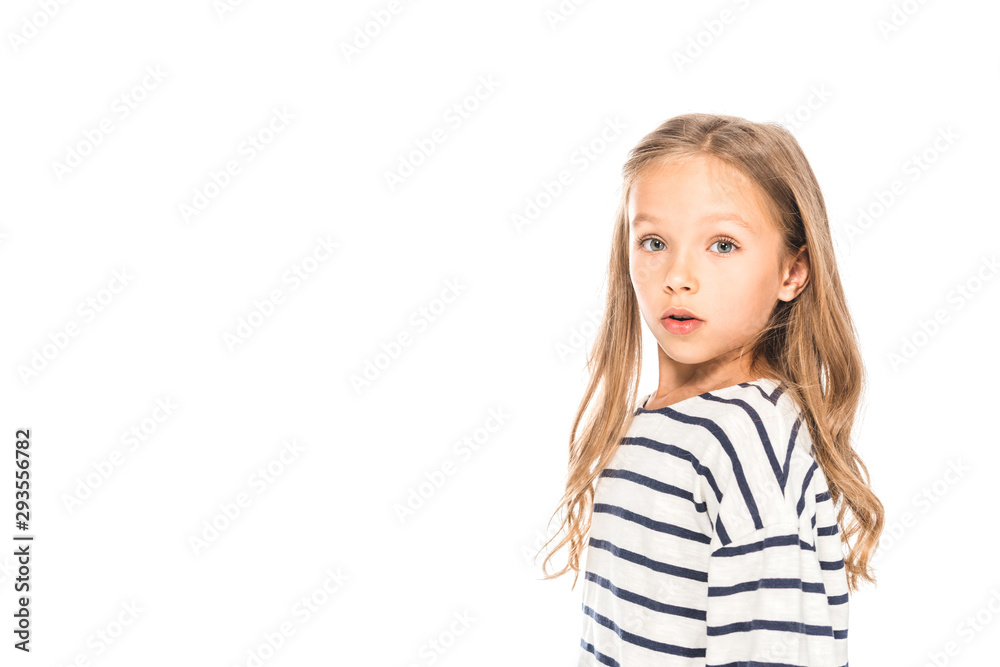 surprised kid in casual outfit looking at camera isolated on white surprised kid in casual outfit looking at camera isolated on white