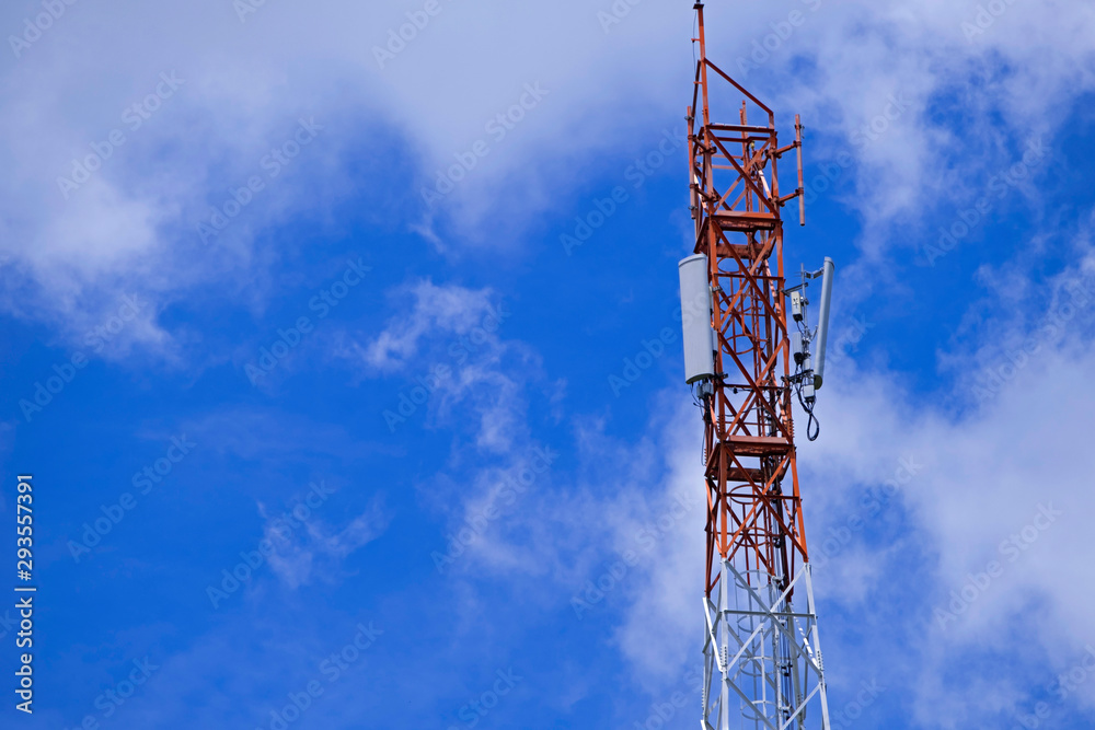 Telecommunication telephone signal transmission tower with beautiful blue sky background Telecommunication telephone signal transmission tower with beautiful blue sky background