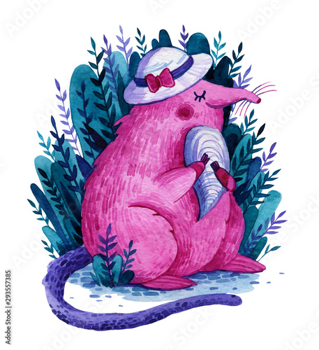 Watercolor pink desman in a white hat with a shell in its paws.The desman is depicted against a background of turquoise and purple twigs. photo