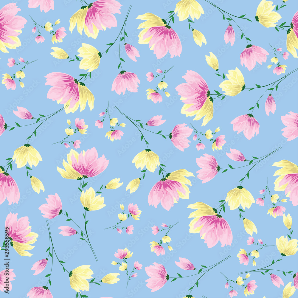 Yellow and pink flowers decorated seamless pattern background.