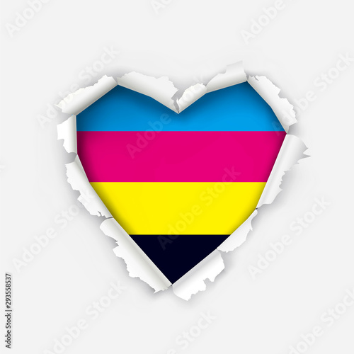  Torn paper heart with cmyk print colors.   Illustration of a hole in paper in the shape of heart.  Concept for presenting color printing. Vector available.