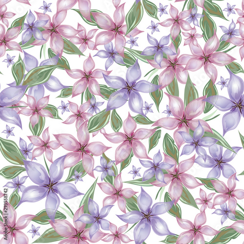 Seamless background decorated with purple and pink flowers.