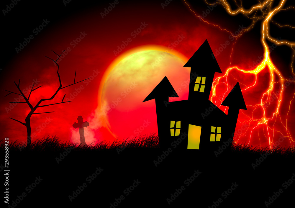 A haunted house is sillhouetted against a stormy red sky - the moon is rising and lightning strikes.
