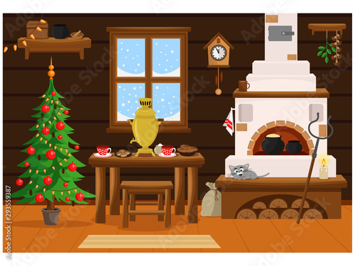 Vector illustration on the theme of Christmas and new year in the traditional Russian kitchen with a stove, furniture and decorated Christmas tree.