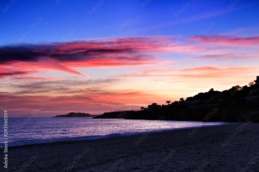 Sunset on Isla Plana beach in Cartagena, Murcia