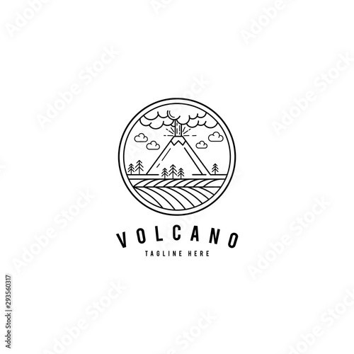 Volcano Erupts Mono Line with Fields Logo Vector Icon Illustration