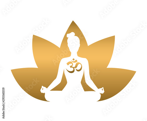 Vector yoga illustration in gold and white colors. Silhouette of a meditating woman, lotus flower and religious symbol Om.