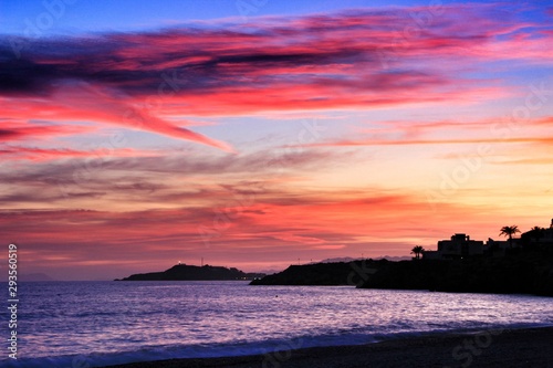 Sunset on Isla Plana beach in Cartagena  Murcia