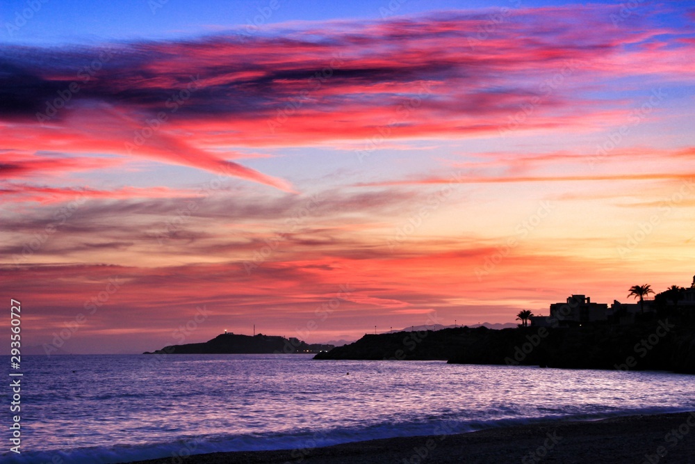 Sunset on Isla Plana beach in Cartagena, Murcia